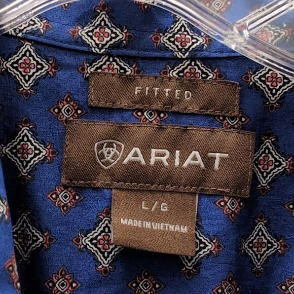 Ariat Blue Printed Western Cowboy Ranch Fitted Long Sleeve Button Shirt Sz L - Picture 3 of 9